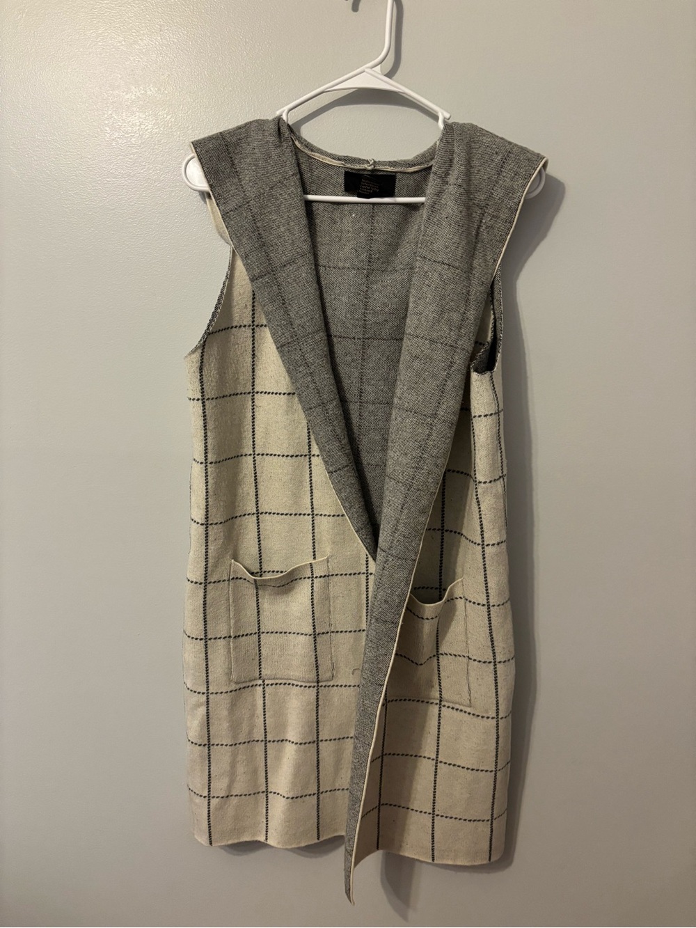 Reversible Hooded Windowpane Vest Dress in Gray and Cream